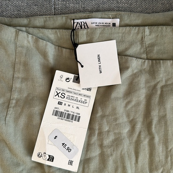 ZARA LINEN MINI SKORT SKIRT SHORTS XS ARMY SAGE GREEN 3188/716 SUMMER CUTE KHAKI - Picture 7 of 9